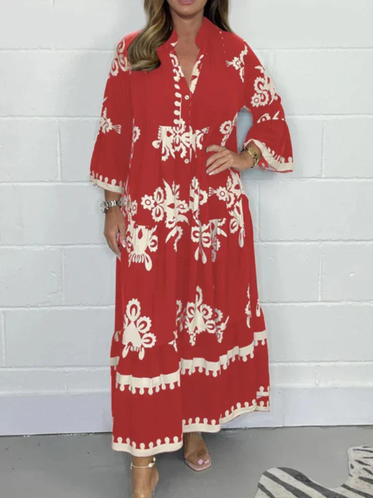 Vestido Longo Estampado de Manga Três Quartos