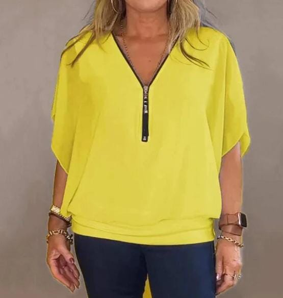 Camisa casual feminina de chiffon com gola alta e zíper