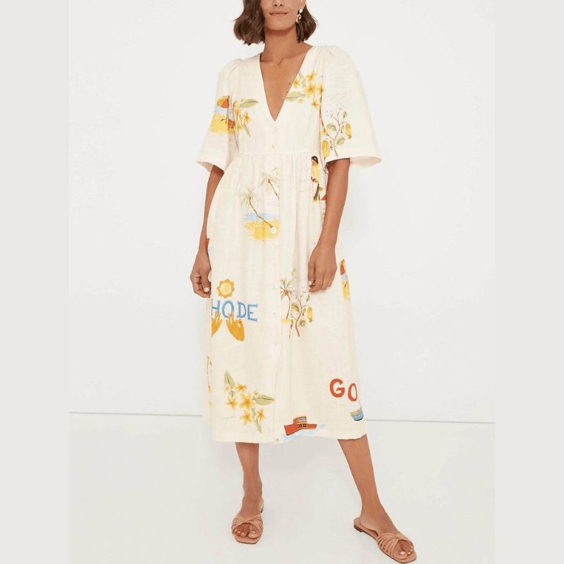 Vestido Midi Feminino com Estampa Floral Folk e Mangas Bufantes - Peça Única para um Visual Inesquecível