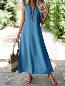 Vestido Longo de Linho com Decote V - Gabriela