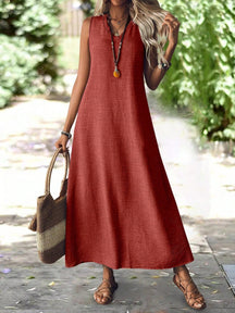 Vestido Longo de Linho com Decote V - Gabriela