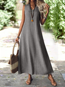 Vestido Longo de Linho com Decote V - Gabriela