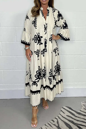 Vestido Longo Estampado de Manga Três Quartos