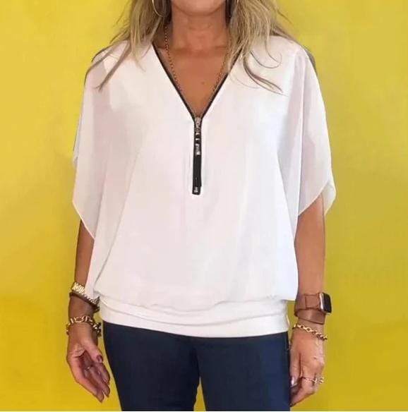 Camisa casual feminina de chiffon com gola alta e zíper