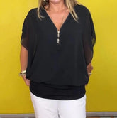 Camisa casual feminina de chiffon com gola alta e zíper