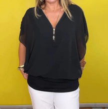 Camisa casual feminina de chiffon com gola alta e zíper