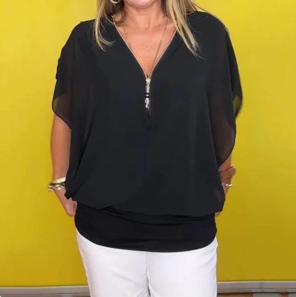 Camisa casual feminina de chiffon com gola alta e zíper