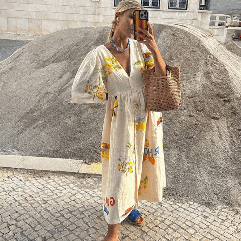 Vestido Midi Feminino com Estampa Floral Folk e Mangas Bufantes - Peça Única para um Visual Inesquecível